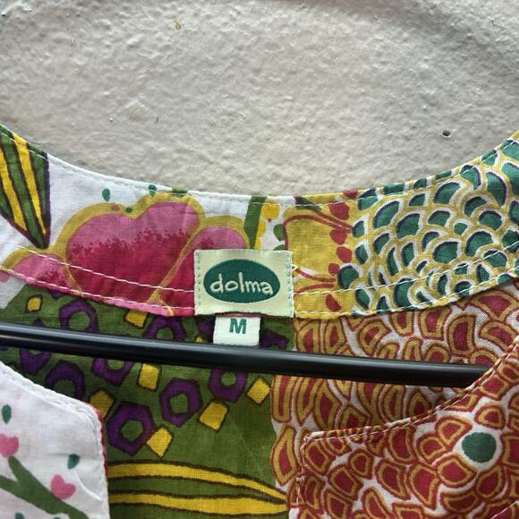 Dolma SZ M Mini Dress 3/4 Sleeve Floral Print Tunic Shift Peasant Cotton Boho - Picture 4 of 6